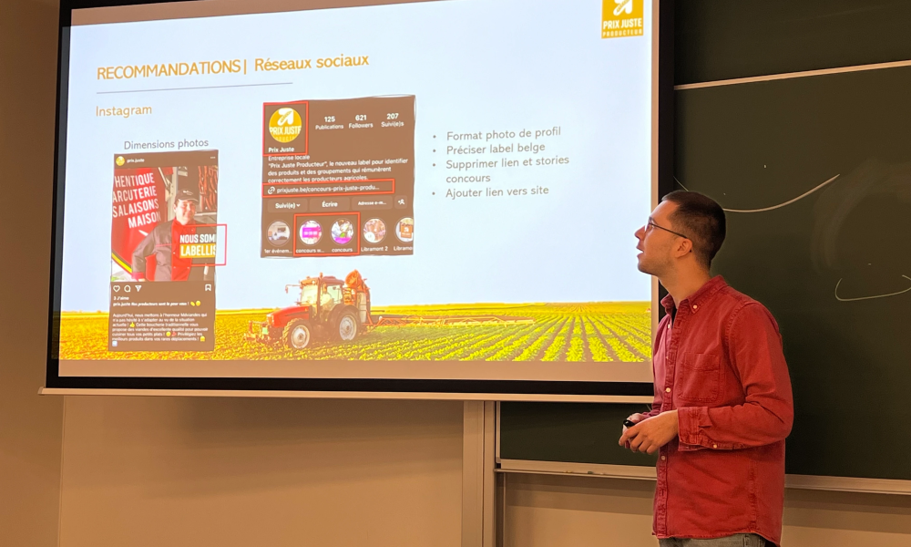 Presentatie van marketinganalyses over het label Prix Juste Producteur op de campus van Charleroi (14/12/2023)